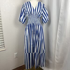AYR Maxi Dress Womens Medium Blue Striped Puff Sleeve Resort Nautical Coastal